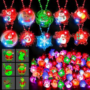 100 PCS Christmas Party Favors Bulk LED Light Up Xmas Toys, Glow in the Dark Christmas Necklaces Bracelets Rings Holiday Toys for Boys Girls Stocking Stuffers Classroom Gifts Prizes Xmas Party Favors