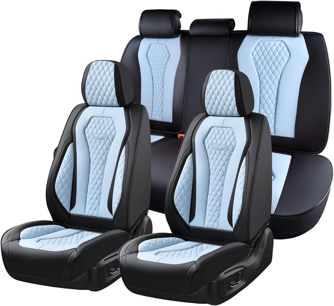 Coverado Auto Seat Covers, Car Seat Covers Full Set, Blue Car Seat Cover, Driver Seat Covers Front Seats Rear Seat Cover, Luxury Car Seat Cushion,Leather Seat Cover Seat Protector Fit for Most Cars | Black/Blue, FullSet