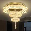 Flashing God Modern Crystal Chandeliers Dia 24" Gold Ceiling Chandelier Flush Mount Crystal Ceiling Light for Bedroom Living Room Dining Room Hallway LED Dimmable(some glass squares pulled off)