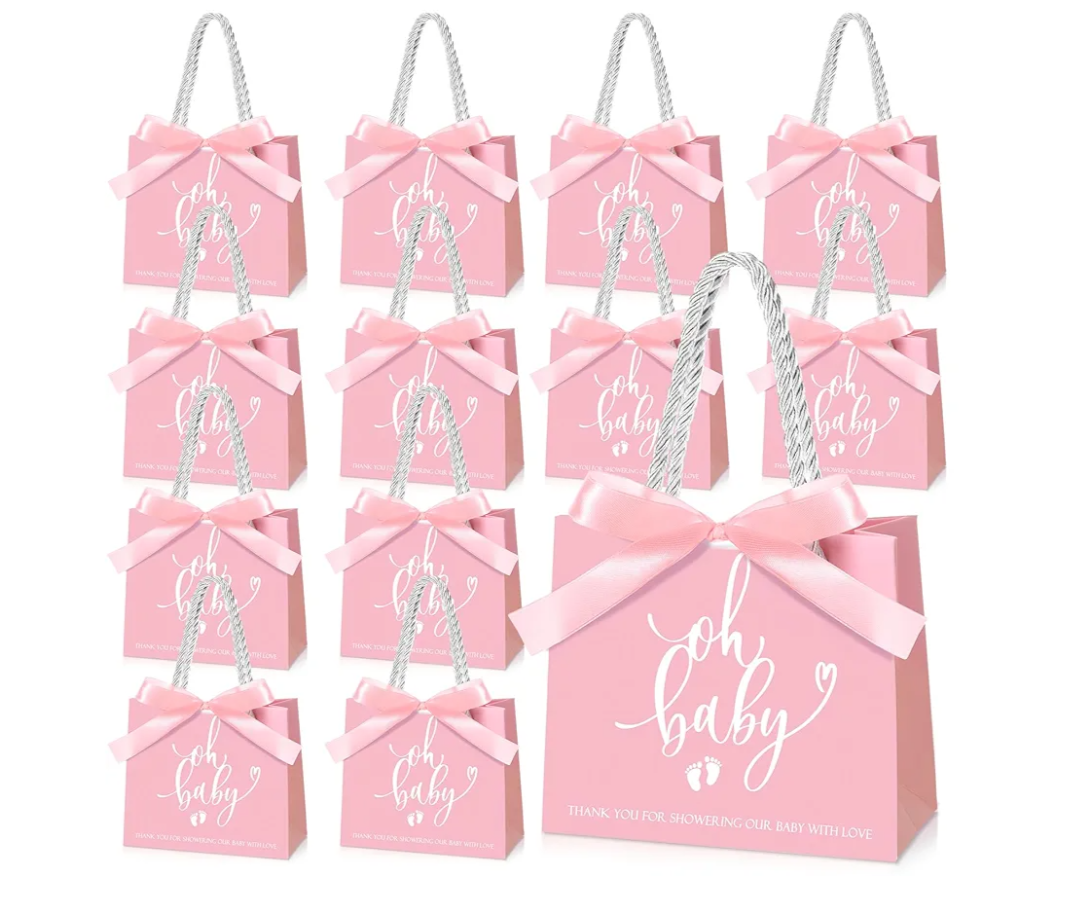 Spakon 25 Packs Baby Shower Favors for Guests Oh Baby Gifts Bag with Handles Paper Goodie Gift Bags with Ribbon for Newborn Gender Reveal Favors(Pink