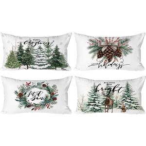Lanpn 14x24 Christmas Throw Pillow Covers Set of 4, Plaid Christmas Lumbar Pillow Covers Elk XmasTree Wreath Decorative Pillowcases Xmas Cushion Covers for Indoor Home Living Room Sofa Decor