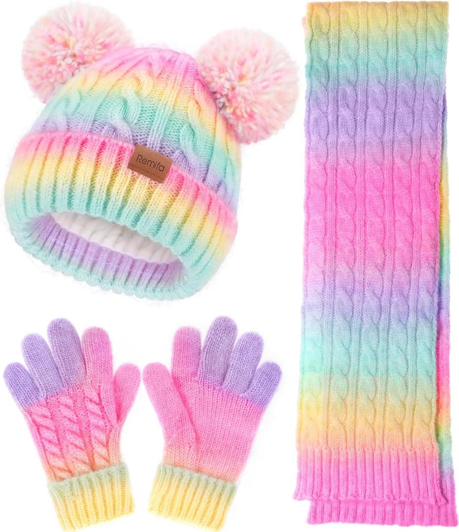 Kids Winter Hat Scarf Gloves Set, Toddler Girl Boy 8% Wool Fleece Lined Pom Beanie Knit Neck Mittens Children Christmas Gifts