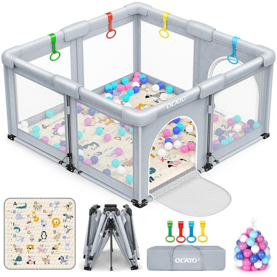 OCATO Baby Playpen with Mat: Foldable Playpen for Babies and Toddlers Play Pen Portable Playpens Fence Indoor Outdoor Kids Safety Area Play Yard with 50x50 Playpens Mat 4 Handlers 50 Balls (50"  50")