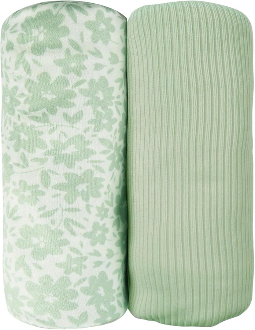 lasoftan Jersey Swaddle Blanket, Ultra Soft Stretchy Receiving Blanket, Newborn Swaddle Wrap for Boys & Girls, 40 x 30 inches, 2 Pcs (Light Green Flower)