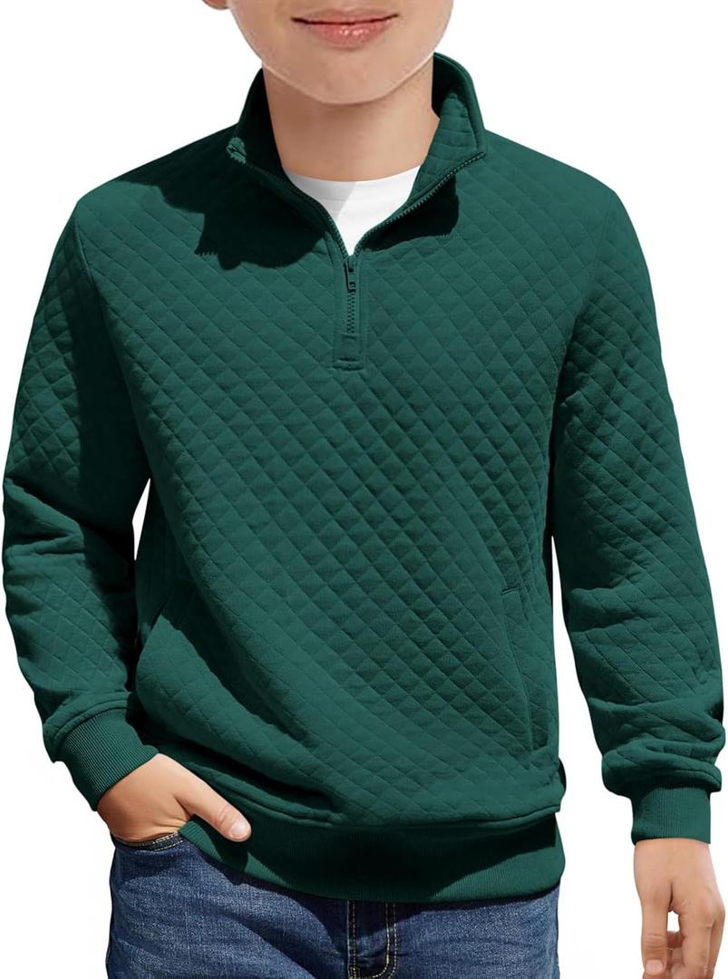 Haloumoning Boys Quarter Zip Quilted Sweatshirts Kids Fashion Long Sleeve Pullover Clothes  (11-12 Years, Dark Green)