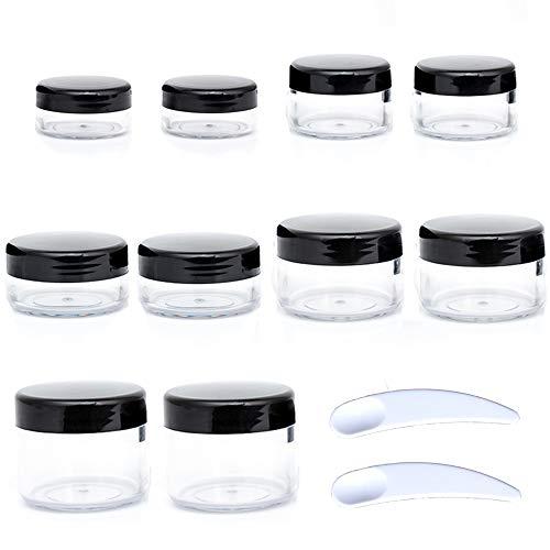 ZEJIA 10pcs Small Travel Containers, Black Sample Jars with Screw Lids, 5l3/5/10/15/Gram, 8 pcs Labels and Mini Disposable Spatula, Makeup Sample Containers BPA Free