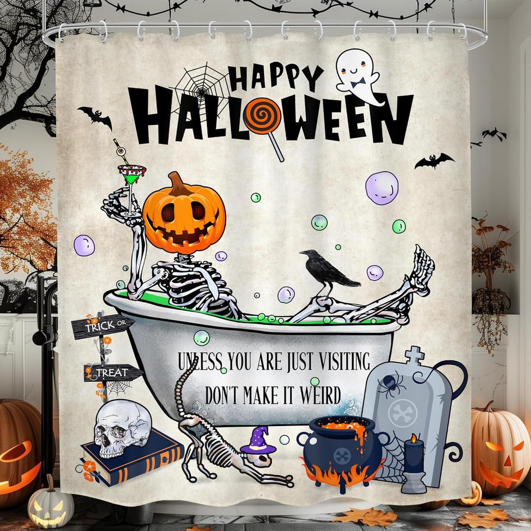 Happy Halloween Shower Curtain 60Wx72H Funny Skull Skeleton Pumpkin Gothic Spooky Ghost Bone in Bathtub Grave Unique Cool Bathroom Decor Horror Scary Bath Curtain Fabric Polyester 12 Pack Hooks