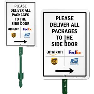 SmartSign Please Deliver All Packages to The Side Door Right Arrow Yard Sign, 10 x 7 inch, 40 mil Laminated Rustproof Aluminum, 21.5 inch Tall Sign & Stake Kit, Multicolor