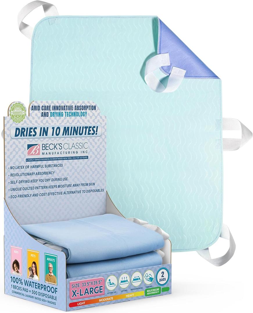 Beck's Classic Transfer Board Bed Pad with Handles- Heavy Absorbency Washable, Waterproof, Reusable Pad for Elderly, Bedridden, Transfer, Repositioning, Incontinence, & Mattress Protection (2 Pack - 34x36)