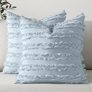 MIULEE Set of 2 Decorative Boho Throw Pillow Covers Linen Striped Jacquard Pattern Summer Cushion Covers for Sofa Couch Living Room Bedroom 16x16 Inch Light Blue