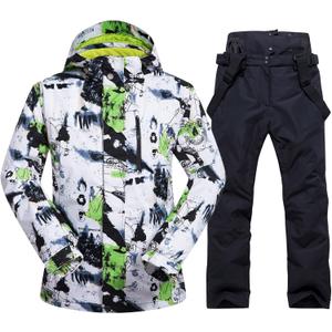 Mens Ski Jacket and Pants Set Ski Suit Winter Waterproof Windproof Hooded Snow Coat 2 Pieces Snowboarding Snowsuits (Large, White Green)