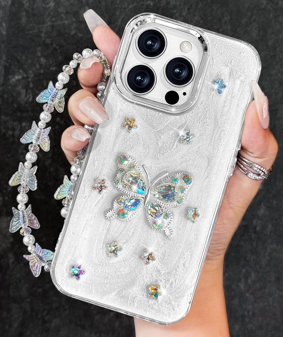 Toycamp for iPhone 16 Pro Case - for Women Girls Cute Girly Kawaii 3D Butterfly Flowers Floral Design with Charm Butterflies Wrist Chain Phone Cover Aesthetic Unique Cases for iPhone 16 Pro 6.3 Inch