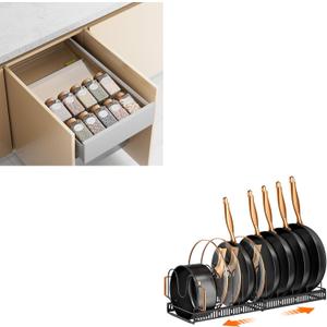 MUDEELA Pots and Pans Organizer : Rack for under Cabinet and Kitchen Spice Rack Organizers for Drawer Bundle