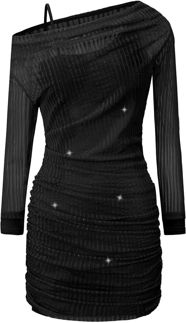 EXARUS Girls Bodycon Dress Ruched Straps Teen Floral Long Sleeve One Shoulder Graduation Dance Mini Mesh Fancy Dresses (Black)