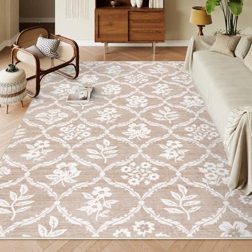 Wonnitar Washable 8x10 Area Rugs for Living Room, Non-Slip Soft Floral Dining Room Rug, Ultra-Thin Rugs for Bedroom, Farmhouse Rug Floor Carpet (Khaki,8'x10')