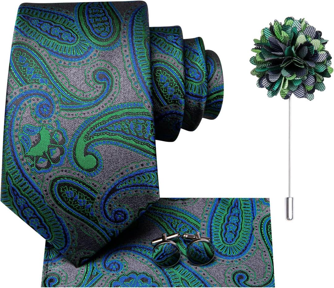 Hi-Tie Mens Silk Ties and Flower Lapel Pin Pocket Square Cufflinks Set 4PCS Necktie for Wedding Business (Green Blue Gray Paisley)