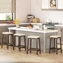 HOOBRO Bar Stools, Set of 2 Bar Chairs, Counter Height Bar Stools, PU Upholstered Kitchen Stools, 24 Inch Bamboo Saddle Stools with Footrests, for Kitchen, Dining Room, Bar, Beige and Brown CE04MD01
