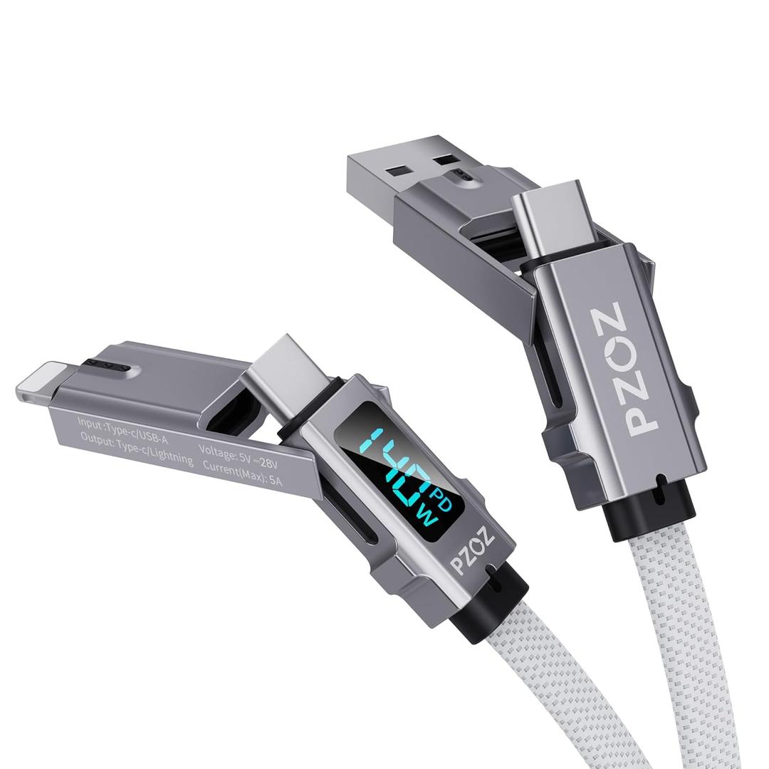 pzoz 4-in-1 USB C Fast Charging Cable with LED Display, Multi USBC Charger Combo Lightning/Type C/USB A Metal Ports for iPhone 16/15/14 Pro Max iPad MacBook AirPods Pro Samsung Google (140W, 5 ft)