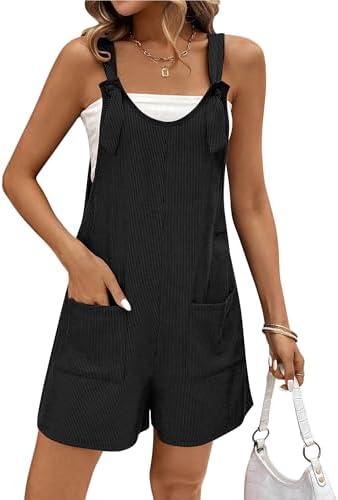 Ekouaer Rompers for Women 2026 Fashion Ribbed Knit Jumpsuit Scoop Neck Loose Outfit Wide Leg Summer One Piece Shortalls, XL, Black