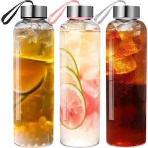 Glass Water Bottles Set of 3, 18 oz, Reusable Water Bottle with Lids, Juice Glass Bottles for Juicing, LeakProof, BPA Free, Container Bottle for Refrigerator, Suitable for Beverage, Soda (Clear)