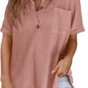 Astylish Women Waffle Knit Tops Henley Shirts Long Sleeve V Neck Solid Color Casual Tunic (Pink, S)