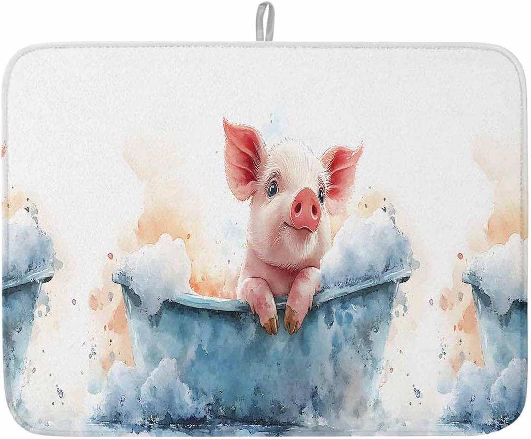 Absorbent Dish Drying Mat for Kitchen Counter Cute Pig in Bathtub Microfiber Dish Drying Pad, Abstract Watercolor Animal Dish Drainer Mat Rack for Utensils/Countertops/Sinks, 18x24in, 1Pack (White Gray Blue Light Blue Light Pink)