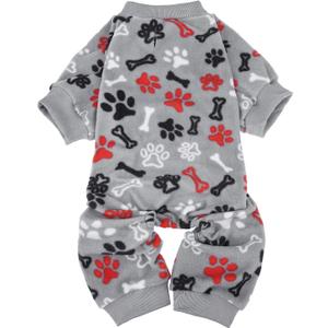 SCENEREAL Fleece Dog Pajamas for Large Dogs, Warm Soft Puppy Jumpsuit, Adorable Bones Paw Print Pet Sweaters Clothes, Doggy Pjs Cat Coat for Boy Girl L