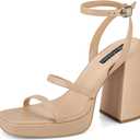 MIRAAZZURRA Platform Heel Sandals Chunky Block Square Open Toe Two Strap Heeled Sandals with Buckle Ankle Strap for Women Party Wedding Dress (7, Nude)