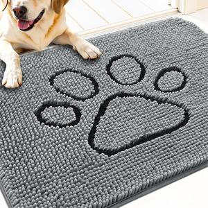 OLANLY Dog Door Mat for Muddy Paws 30x20, Paw Print Design, Absorbs Moisture and Dirt, Absorbent Non-Slip Washable Doormat, Quick Dry Chenille Mud Mat for Dogs, Entry Indoor Entryway Carpet, Grey
