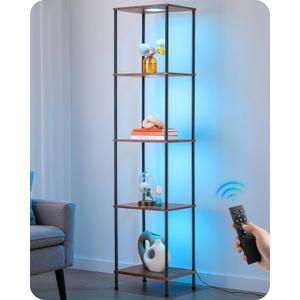 EDISHINE RGBW Standing Lamp, 5-Tier Display Shelf with Light, Adjustable Brightness & Color Temperature, 3 Lighting Modes, Remote Control, Stable Floor Lamps for Living Room, Fire-Burned Wood Color
