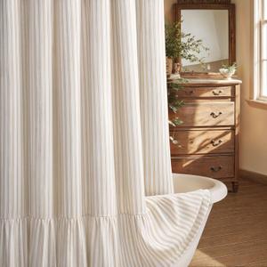 Farmhouse Shower Curtain with Ruffle Hem Linen Shower Curtains for Bathroom Country Vintage Rustic Natural Fabric, White-Beige Stripe 72" W x 72" L