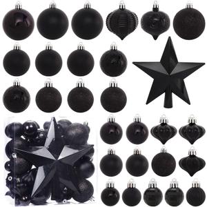 52-Pack Shatterproof Black Christmas Tree Ornaments and Star Topper - For Holiday Decor