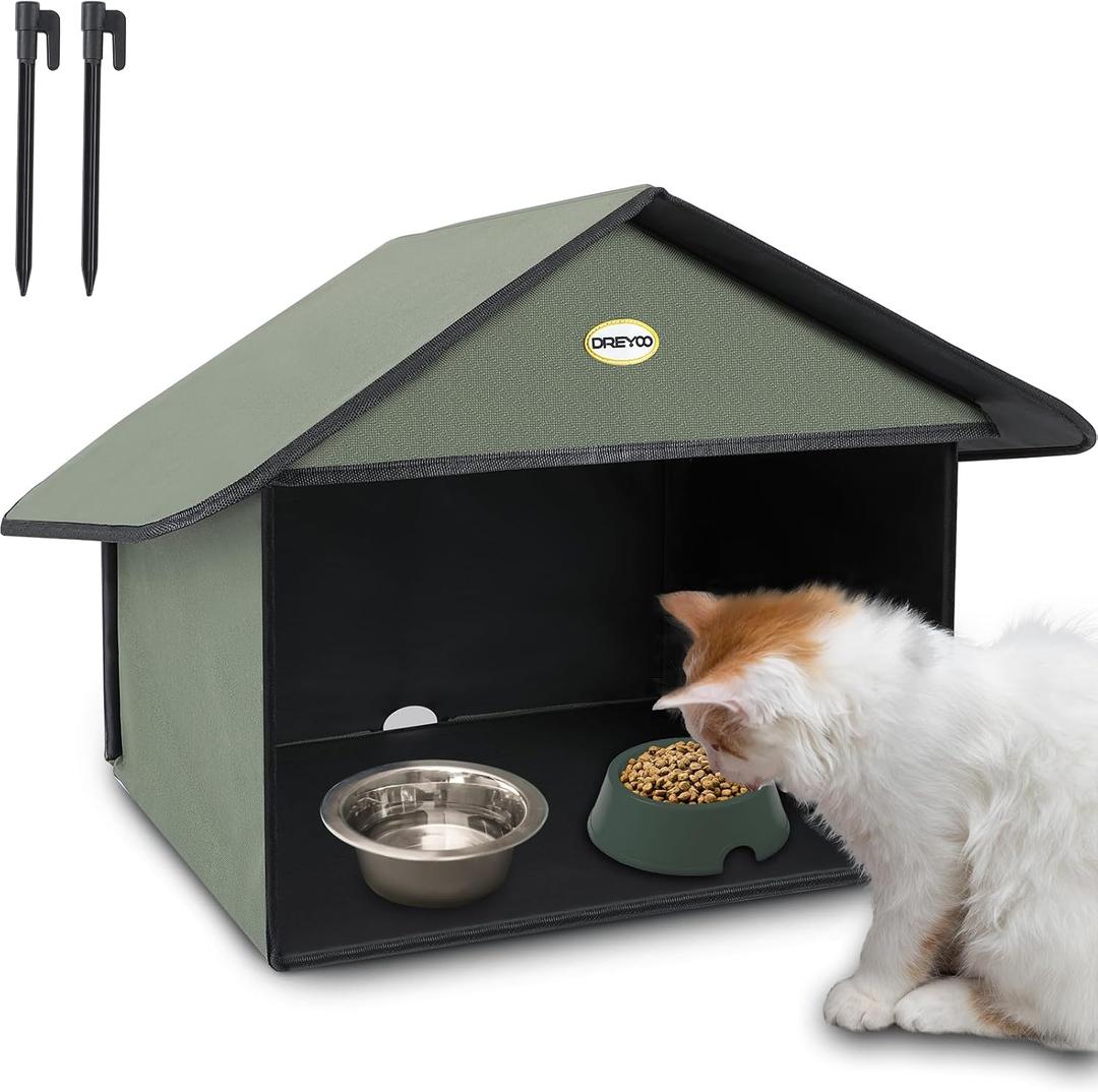 Dreyoo Outdoor Cat Feeding Station for Food & Water, Weatherproof Outdoor Kitty Dining Room Cat Shelter for Stray, Feral Cats and Community Cats, 13d x 17w x 15.5'h (1 Pack,Dark Green)