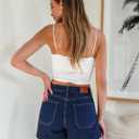 luvamia Jean Shorts Womens High Waisted Trendy Button Fly Patch Pocket Side Split Casual Summer Stretchy Denim Shorts (Blue)