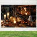 Halloween Banner 71x43 Inch Rustic Pumpkin Backdrop Banner with Candles and Ghost Scene Trick or Treat Sign for Indoor Wall or Porch Halloween Decorations Outdoor with Hooks and Rope