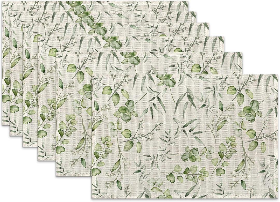 Eucalyptus Leaves Placemats Set of 6 Linen Heat Resistant,Elegant Flower Table Mats Washable Rustic Place Mats Decoration for Home Kitchen Dining Room Party 12x18 Inch