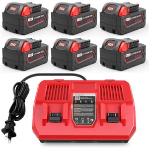 WECACHWE 6.0Ah High-Output Replacement for Milwaukee 18V Battery with Dual-Port Rapid Charger 4811-1862 4811-1852 4811-1840 4811-1830 4811-1811 4811-1815 4811-1820 4811-1841(6Battery+1Charger)
