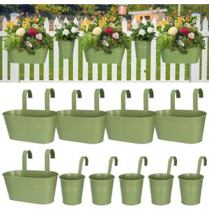 HowRU Metal Iron Flower Pots for Railing Fence Hanging Bucket Pots(5 Pcs) and Hanging Flower Pots Metal Iron Bucket Planter(10 Pcs) (Green)