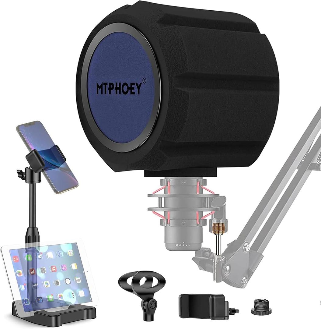 Microphone Windscreen Pop Filter with Gift Mic Stand&Phone Holder,Recording ShieldMic Isolation Ball Sound-Absorbing Foam Windscreen for Large Mic, Studio Equipment Indoor & Outdoor Recording