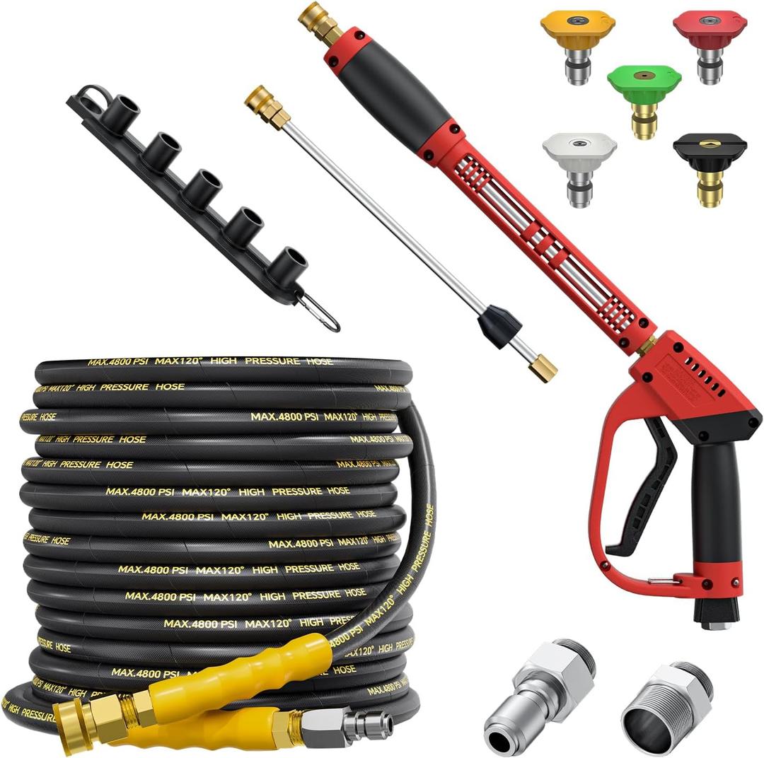 5000PSI Pressure Washer Gun and Hose Kit, 50FT Kink Resistant Steel Braided Power Washer Hose with 3/8" Swivel Quick Connector and M22 14mm Adapters Replacement/30" Extension Washer Wand