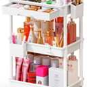 SUNALLY Makeup Cart Organizer with Drawers, Floor Skincare Organizers Vanity Storage Organizer, Rolling Makeup Bathroom Storage Cart Cosmetics Display Cases for Skin Care Perfume Nail Polish, White, 3 Tier