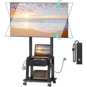 Rolling TV Stand with Power Outlet,Tilt TV Cart with Drawer for 23-60 inch Flat/Curved Screen Up to 50lbs,Adjustable Height Portable TV Stand on Wheels,for Indoor Outdoor,Max VESA 400x400mm