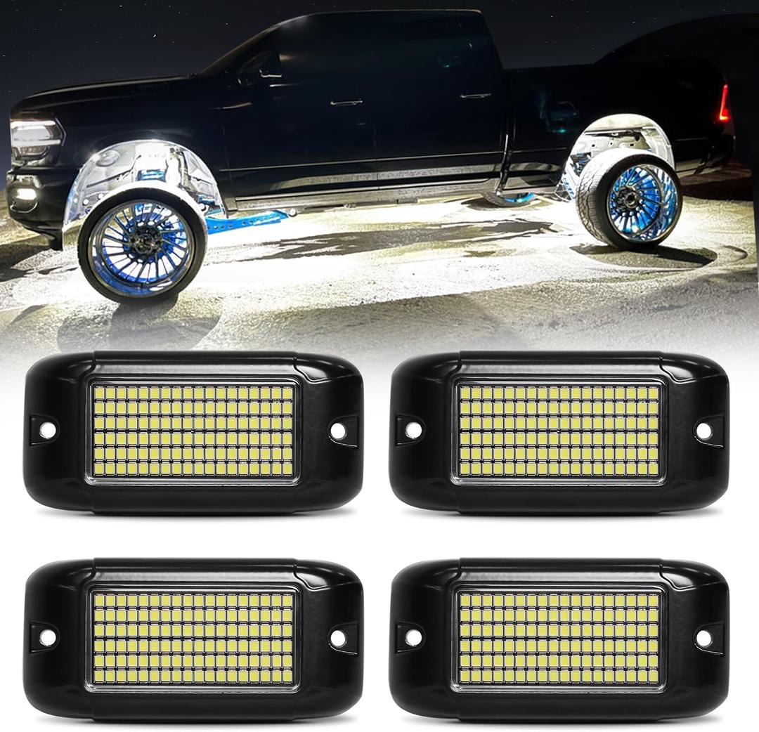 Nicoko 108 High-Power LEDs per Pod 4Pods Pure White Rock Lights Ultra-Bright Offroad Underglow Kit Advanced Heat Dissipation IP68 Waterproof for Truck, SUV, UTV, ATV, RZR