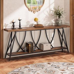 JUSTOGO 70.9" Narrow Console Table for Entryway, Industrial Long Sofa Table Behind Couch, Farmhouse Hallway Table with Storage for Living Room, Entrance, Foyer, Rustic Brown, 70.9" X 11.8" X 28.6"