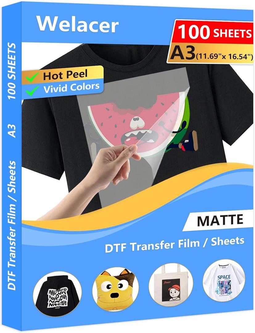DTF Transfer Film A3 100 Sheets Double-Sided Matte DTF Film, PET Heat Transfer Paper for Inkjet Printer DTG Printer Direct Print On T Shirts Textile (Hot & Cold Peel)