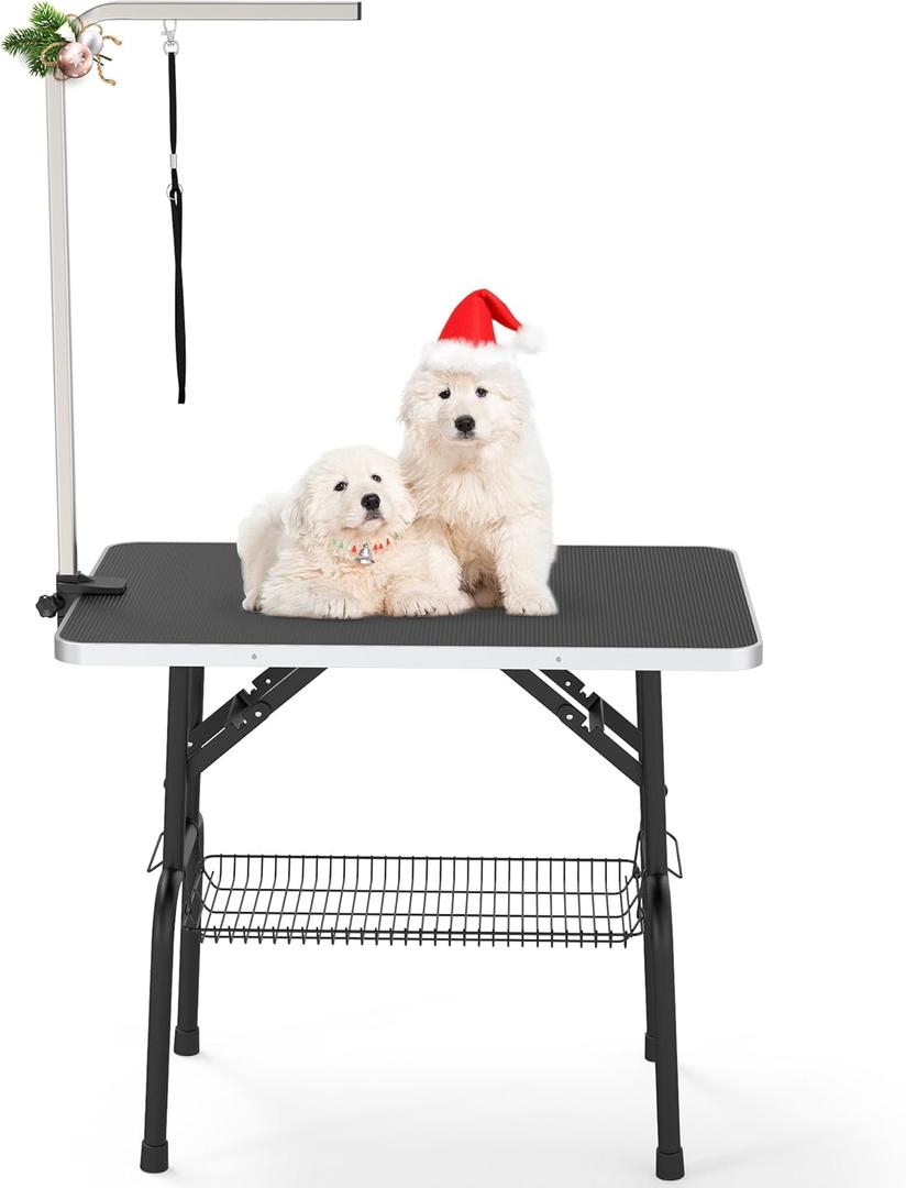 YITAHOME 36" Height Adjustable Dog/Pet Grooming Table, Foldable Grooming Table for Dogs at Home, Portable Dog Bathing Station with Arm, Non-Slip Desktop, Storage Tray& Noose, Black