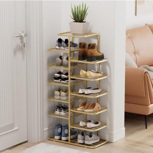 7 Tier Metal Shoe Rack Gold Free Standing Tall Skinny Shoe Shelf Organizer, Large
