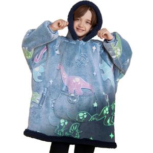 Giggling Getup Glow in The Dark Wearable Blanket Hoodie for Girls and Boys Warm Cozy Sherpa Fleece Hooded Blanket Sweatshirt Oversized Hoodie with Giant Pocket & Sleeves for Kids Blue Dinosaur Glow