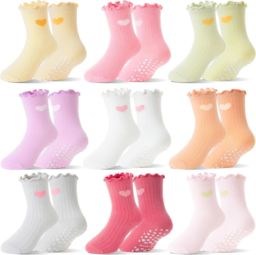 Baby Girls Toddlers Ruffle Grip Socks for Kids Non Slip Anti Skid Frilly Cute Funny Cotton Crew Grippers Socks 9 Pairs (3-5T, Heart)