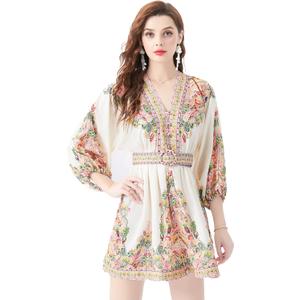 LAI MENG FIVE CATS Women's V-Neck Floral Print Lantern Sleeve Button up Belt Dress Casual Mini Dress XS
